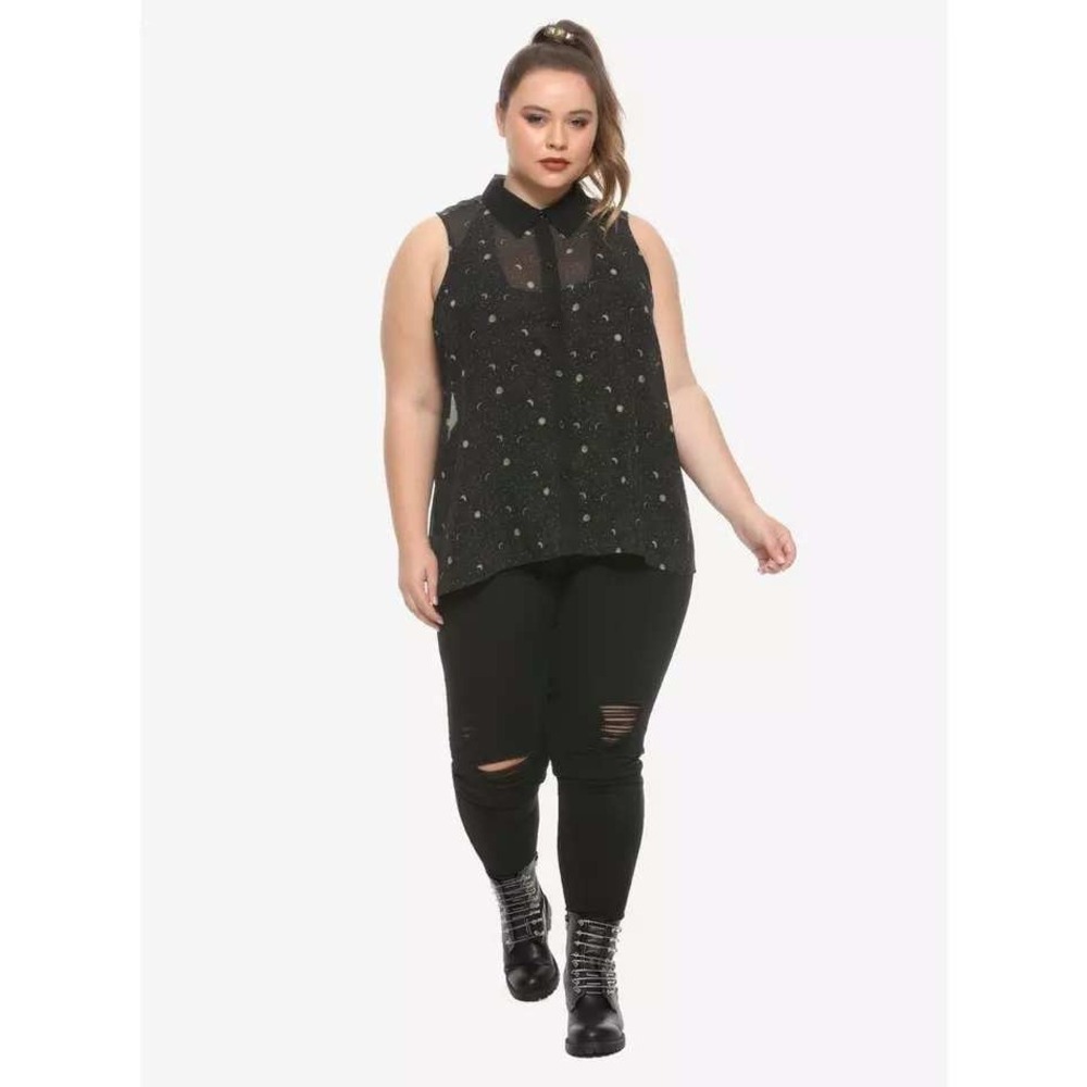 Hot Topic Black Celestial Sheer Chiffon Button Up Top XL Witchy Whimsygoth Goth